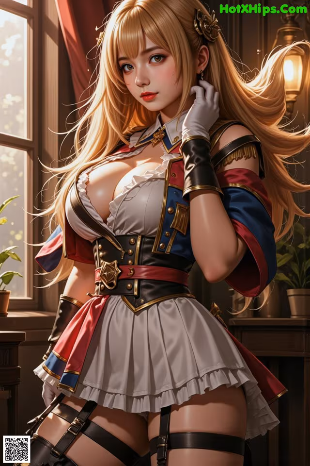 A woman in a maid outfit posing for a picture.