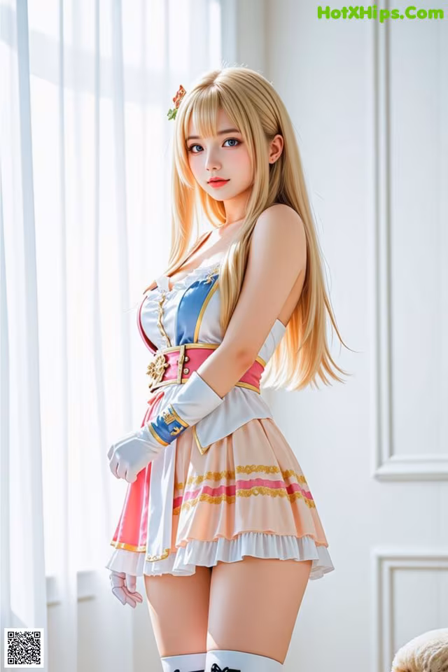 A woman in a pink and white dress posing for a picture.