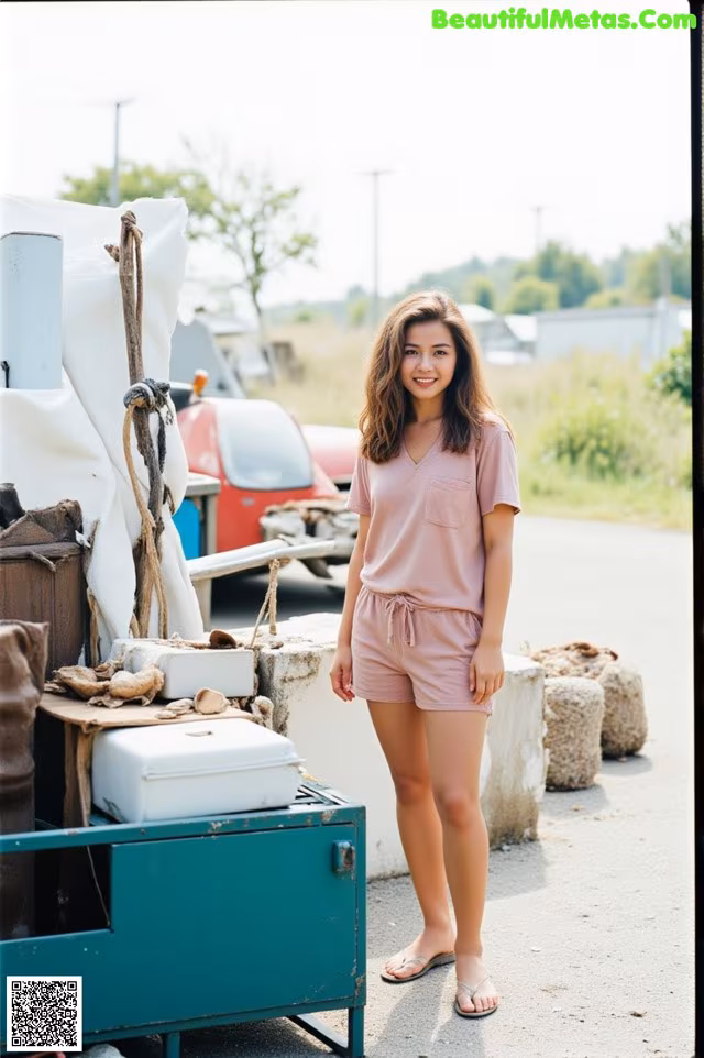 A woman standing in front of a pile of junk.