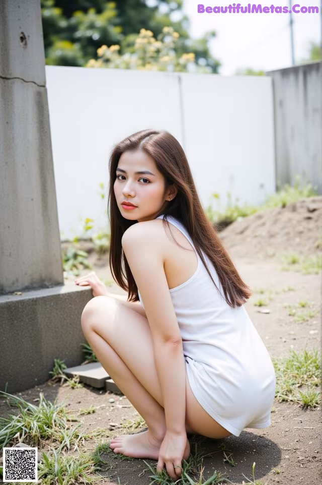 A woman in a white dress sitting on the ground.