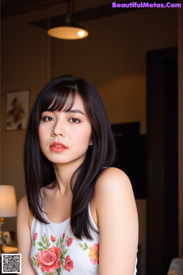 A woman with long black hair wearing a white tank top.