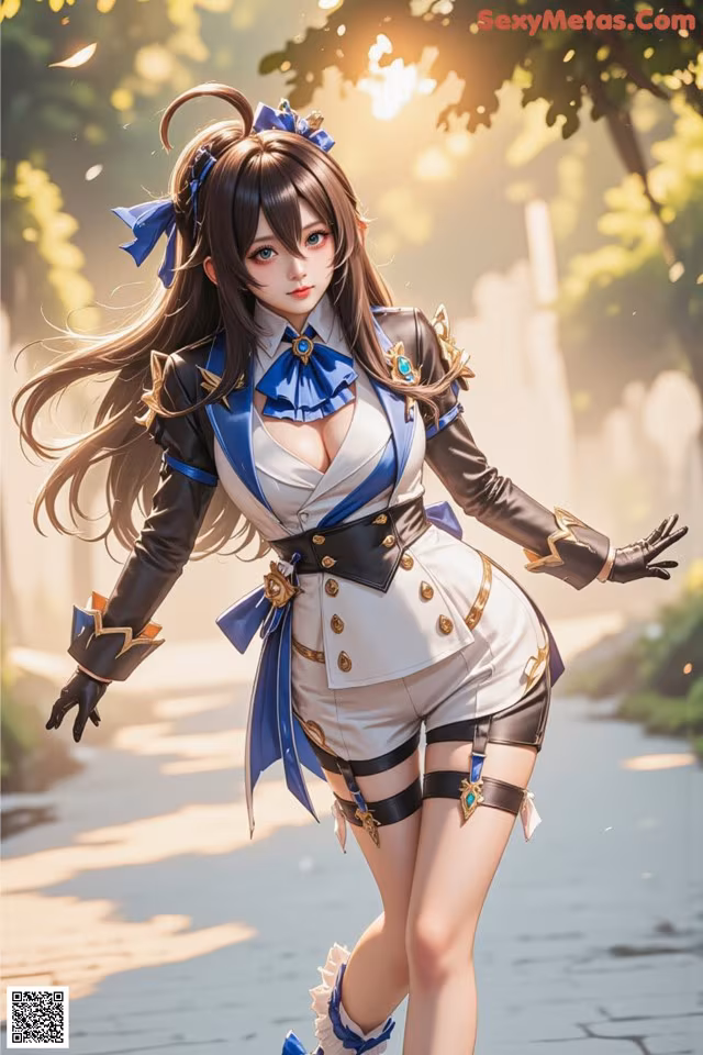 A woman in a blue and white outfit is walking down a street.