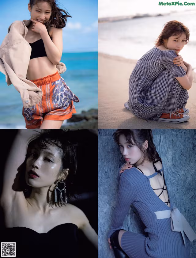 A collage of photos of a woman sitting on the beach.