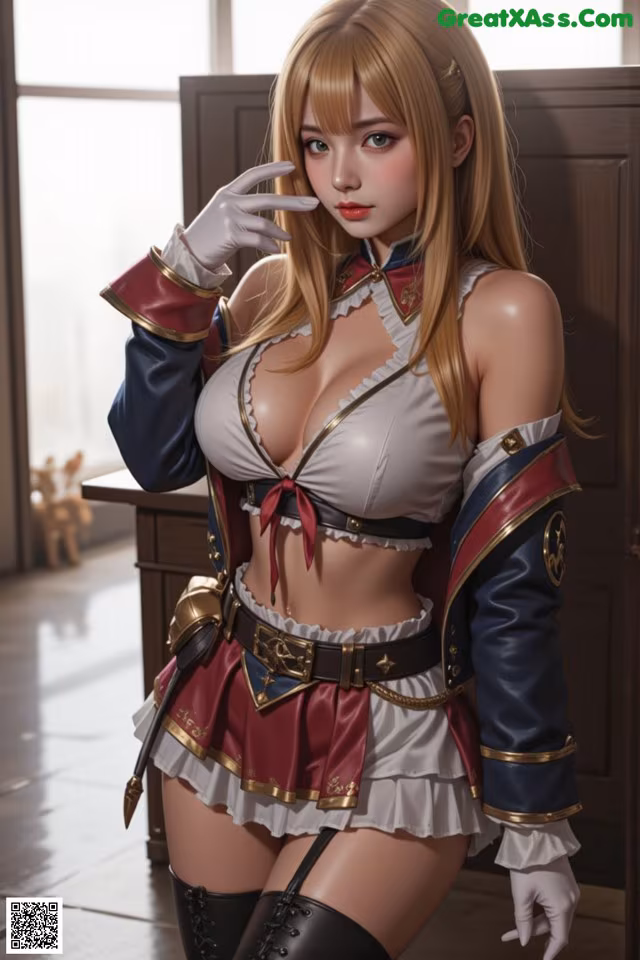 A woman in a maid outfit posing for a picture.