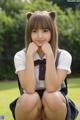 A young woman in a school uniform sitting on the grass.