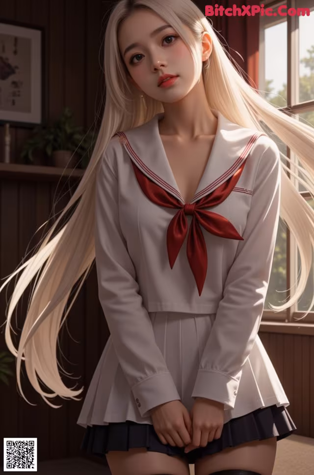 A woman in a school uniform posing for a picture.