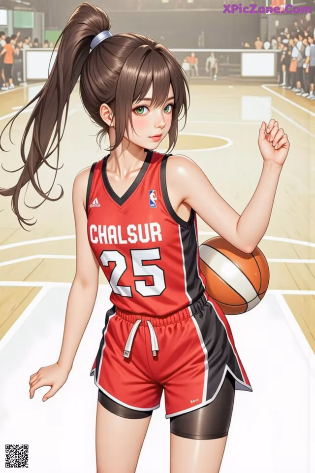 A girl in a red and black uniform holding a basketball.