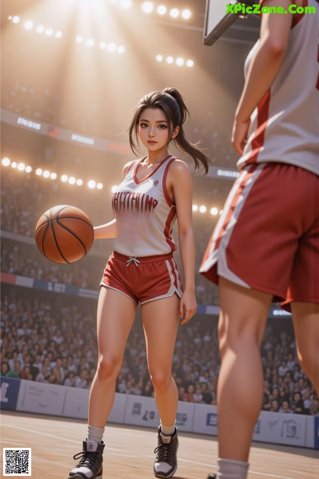 A woman in a red and white uniform holding a basketball.