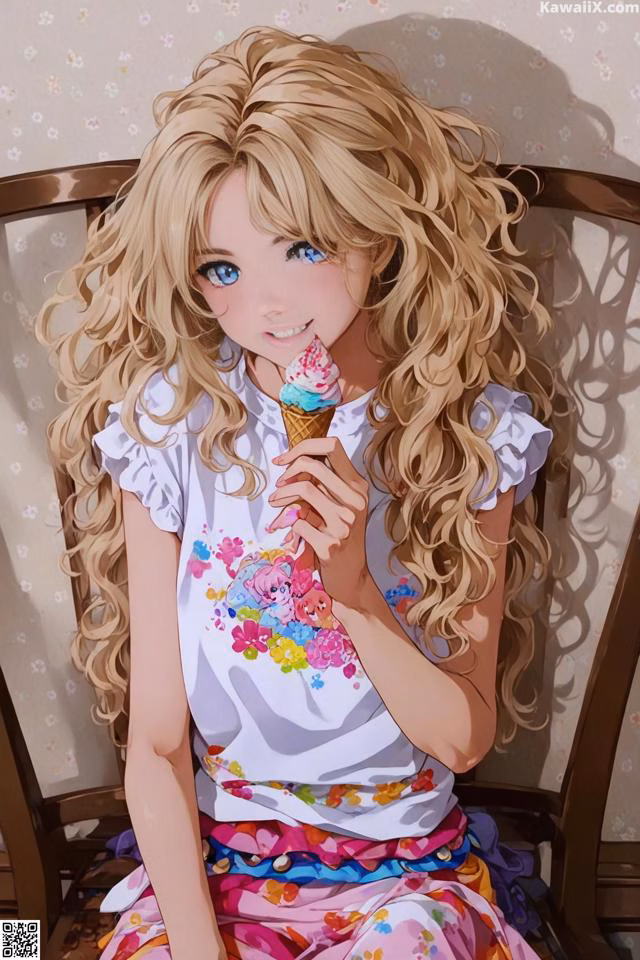 A girl sitting on a chair eating an ice cream cone.