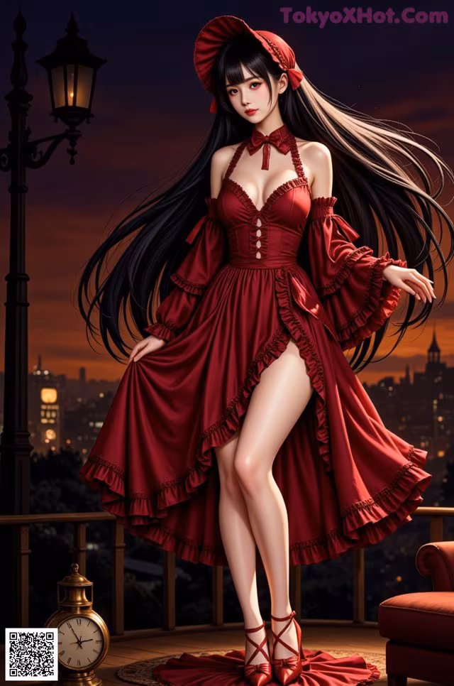 A woman in a red dress and hat standing on a balcony.