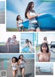 A collage of photos of a woman with a surfboard on the beach.