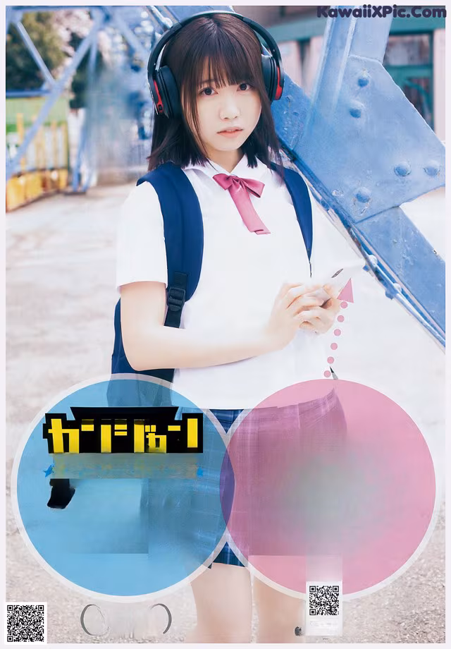 A young woman in a school uniform with headphones on.