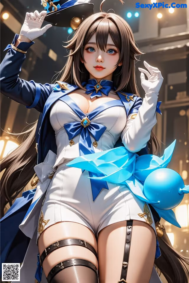 A woman in a blue and white outfit holding a blue balloon.