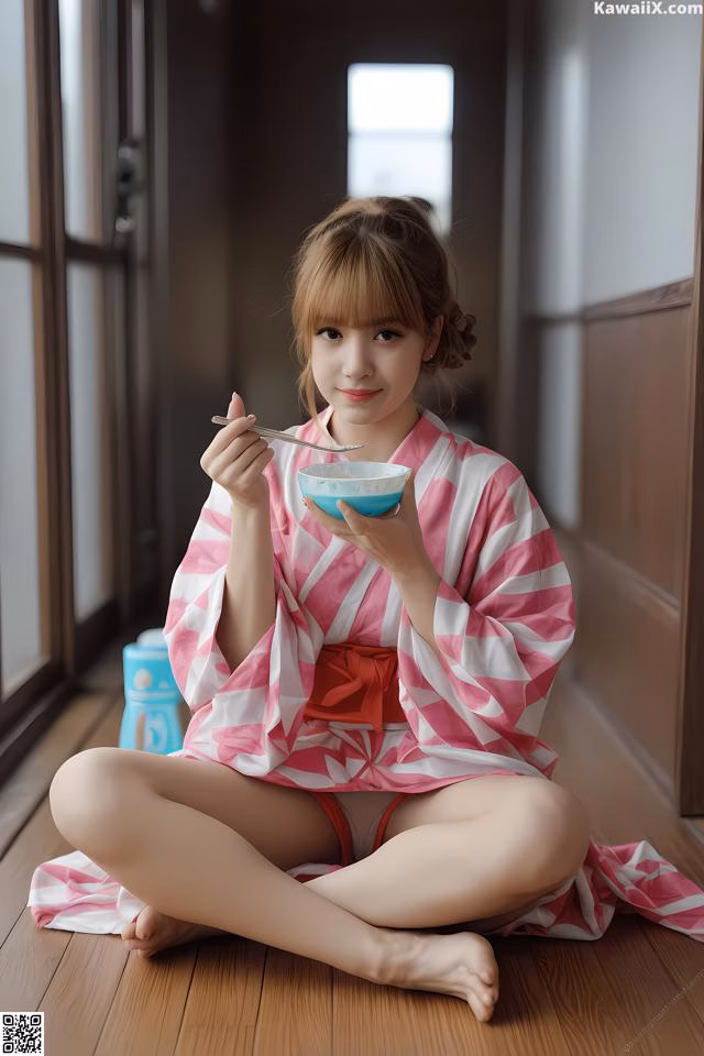 A woman in a pink and white kimono sitting on the floor eating a bowl of food.