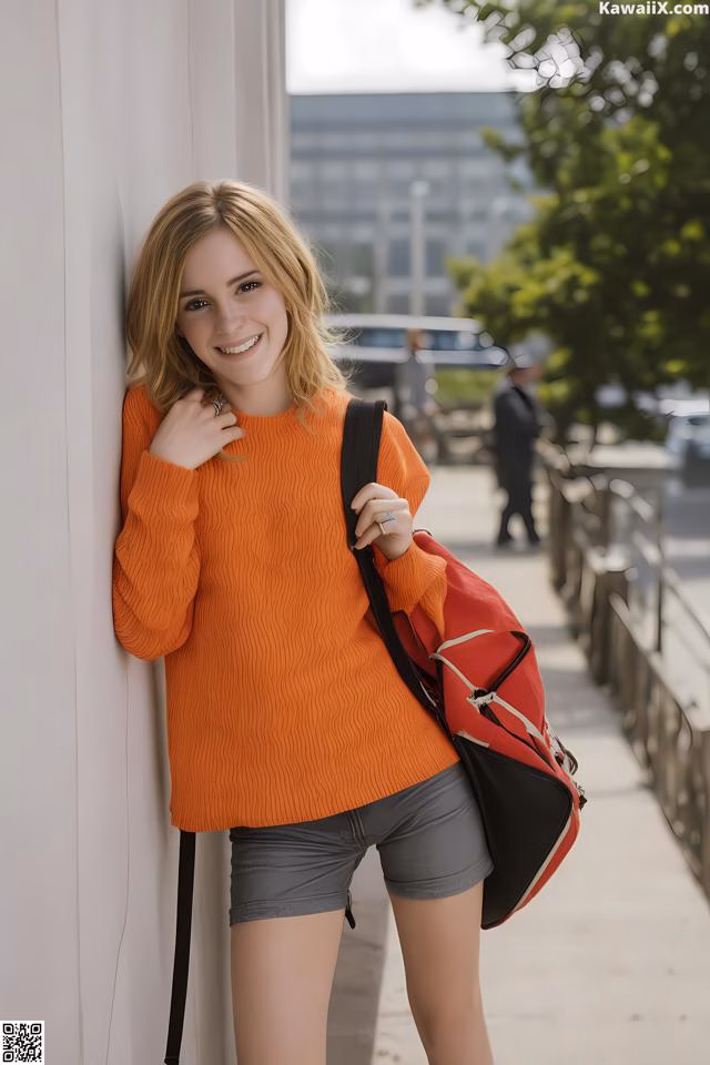 A young woman leaning against a wall with a backpack.