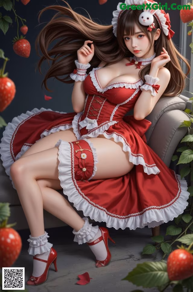 A woman in a red and white dress sitting on a couch.
