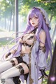 A woman with long purple hair sitting on a bench.