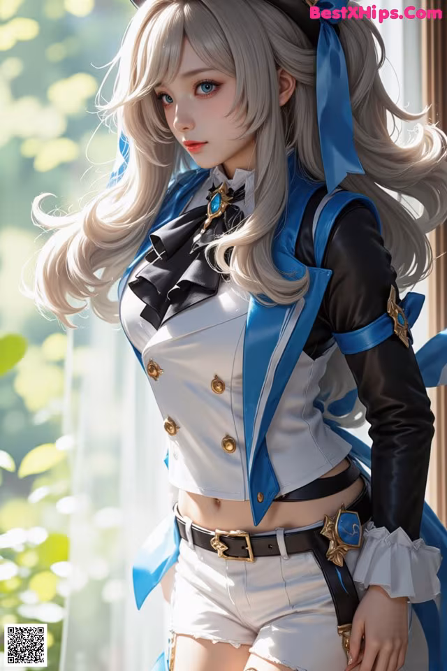 A woman in a blue and white outfit is posing for a picture.